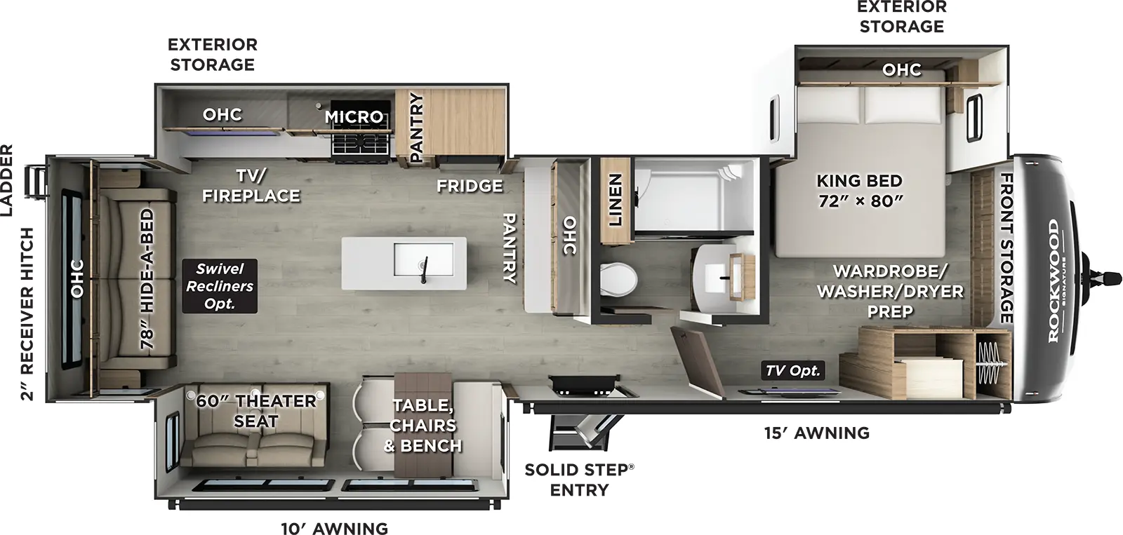 The Rockwood Signature Travel Trailers 8337RL floorplan has one entry and three slide outs. Exterior features include: fiberglass exterior and 10' & 15' awning. Interiors features include: kitchen island, front bedroom and rear living.
